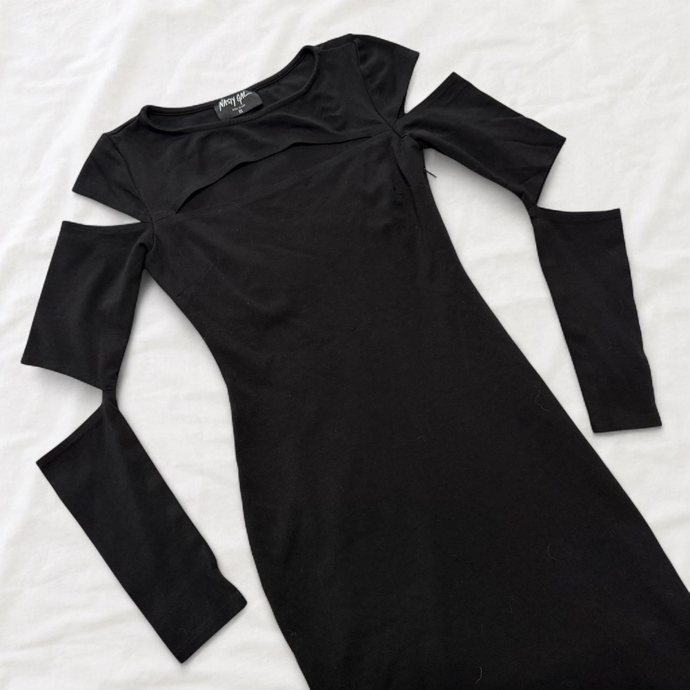 Nasty Gal Black Cutout Midi Dress Ruffle Sleeve Goth Bodycon XS